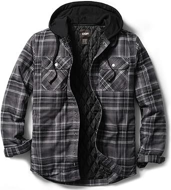 CQR Men's Hooded Quilted Lined Flannel Shirt Jacket, Long Sleeve Plaid Button Up Jackets