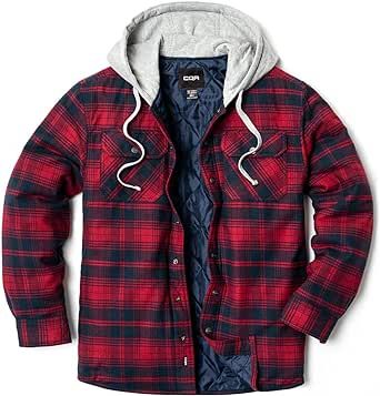 CQR Men's Hooded Quilted Lined Flannel Shirt Jacket, Long Sleeve Plaid Button Up Jackets